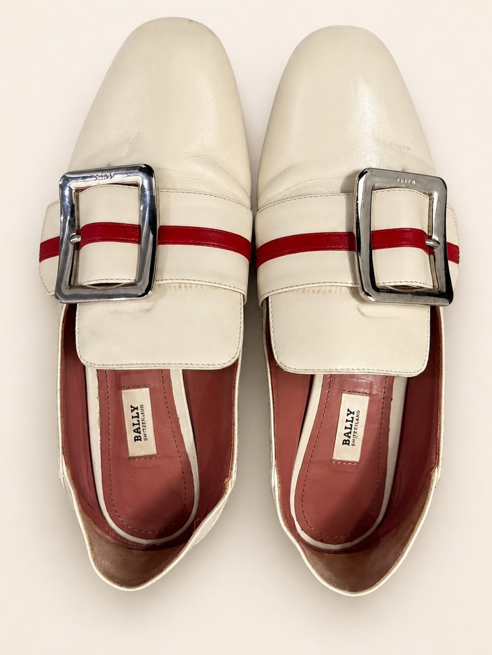Bally Cream Leather Loafers with Red Stripe and Silver Buckles